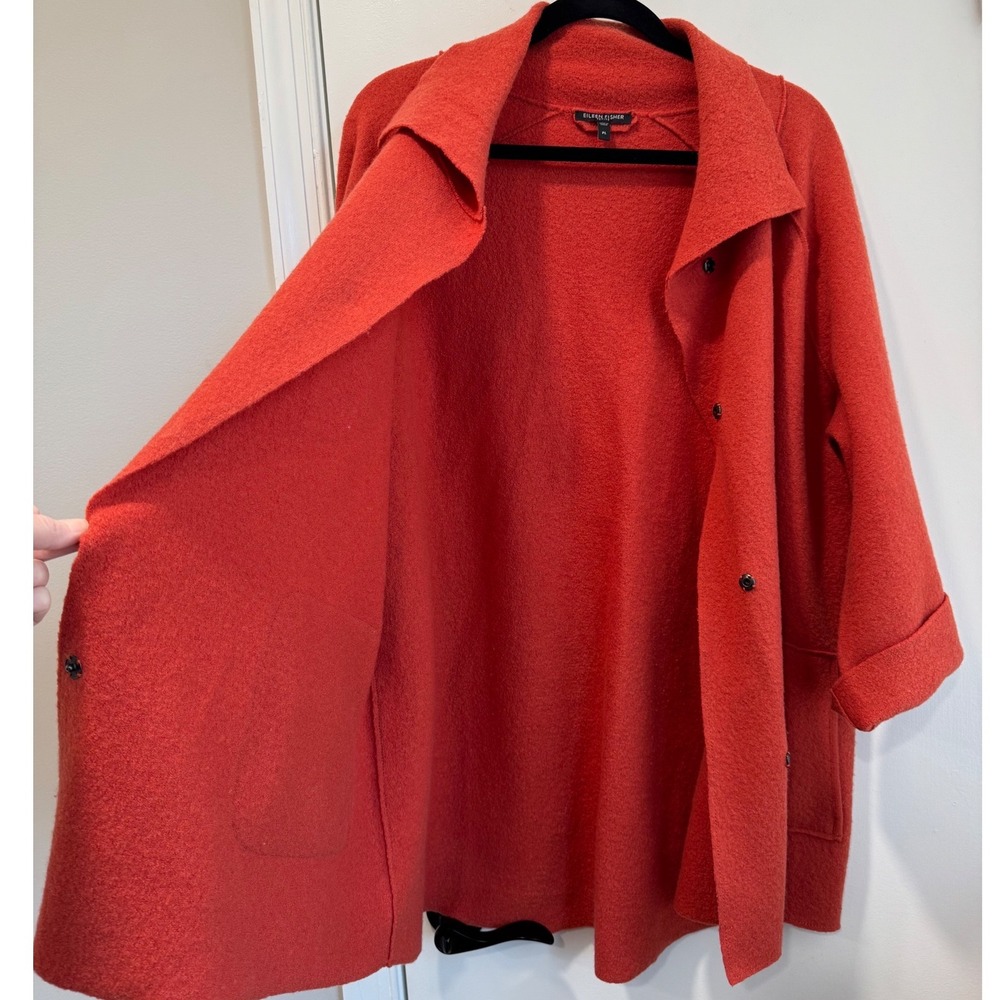 Eileen Fisher Petite Large Burnt Orange Boiled Wool Coat Snap Front Pockets - Picture 6 of 10